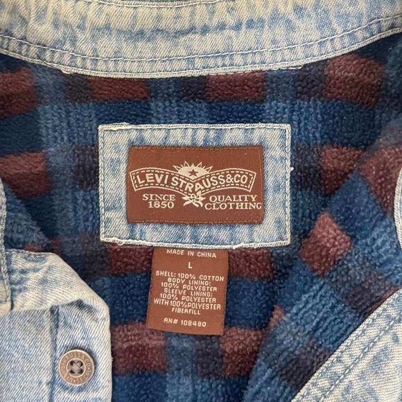 Levi Strauss & Co. Mens Denim Shirt Jacket L‎ Blue Plaid Lined Button Front - Picture 4 of 10